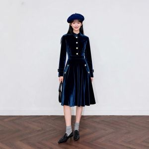 French Blue Velvet Dress Commemorative Day Thickened A-Line Shirt Dress mid Waist Polyester Fiber Long Sleeve Zipper Closure