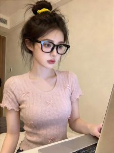 HUOLISI | Cute Pink Bow Short Sleeve Knit Top Summer 2026