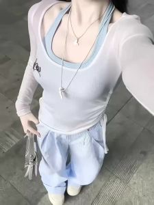 Neck-hanging Vest White Cover-up Striped Palazzo Pants Set