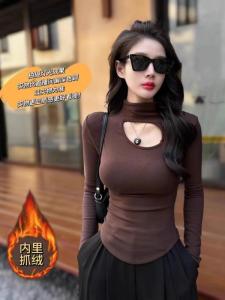 Slimming Effect Hollow out Long Sleeve Half High Collar T-Shirt Womens Fashionable Commute Style Inner Wear for Autumn Winter