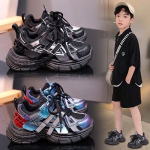 Boys Running Shoes Breathable Mesh up Sneakers Fashionable Dad Shoes Sporty Childrens Footwear Low Top Fabric Lined Rubber Sole