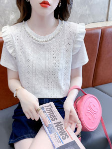 เสื้อยืดแขนสั้นผู้หญิง ดีไซน์ใหม่ ฤดูร้อน ปักลูกปัดหนัก ดีไซน์ไม้กางเขน ผ้าไนลอน สีพื้น ปกติ รัดรูป เสื้อเชิ้ตคอคอกลม