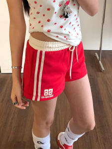 Quần Short Thể Thao Thường Ngày Màu Đỏ Phong Cách Mỹ Cho Nữ Mùa Hè Quần Thể Thao Eo Thấp Thiết Kế Ba Mảnh Quần Bó