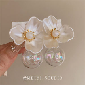 French Vintage Acrylic Flower Earrings with Glass Ball after Hanging Holiday Jewelry Womens Fashion Accessories Pair