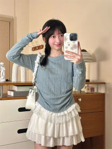 Sweet Girl Lace Trim Knitted Long Sleeve Womens Miu Butterfly Knot Short T-shirt Base Top Commute Korean Style Slim Fit