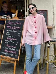 Maiding Style Pink Linen Shirt Womens Summer Casual Vacation Loose Fit Traditional Chinese Button up Top Hanfu Inspired