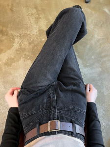 High Waist Wide Leg Fleece Lined Slim Straight Retro Hong Kong Style Floor Length Jeans for Women in Grey And Black