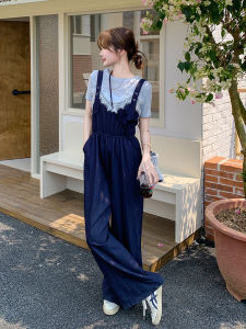 Korean Style Lace Patchwork Bib Overalls Set Womens Casual Summer New Arrival Two-Piece Suit round Neck Short Sleeve Polyester Fiber