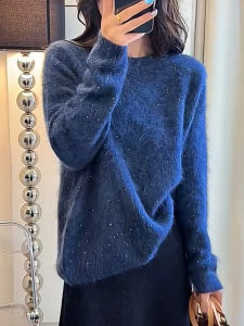 QINGNAER | Gentle Lazy Style Blue Sparkle Knitted Sweater