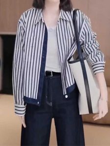 Áo Sơ Mi Kẻ Sọc Thời Trang Nữ Xuân Mới Thon Gọn Màu Tương Phản Đa Năng Thanh Lịch Đi Làm Cổ Polo Tay Dài Thường Xuyên