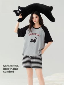 MiiOW | Cat Person Summer Sleepwear Womens Pure Cotton Short Sleeve Shorts 7A Antibacterial Dust Mite Proof Ladies Home Clothes Outdoor Wearable