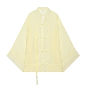 Womens Shirt 2026 Summer New Yellow Long Sleeve with Knot Button Decoration Loose Fit Beach Vacation Elegant Temperament