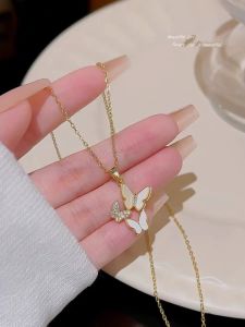 GL Korean fashion design 18K gold titanium steel Three white buettrflies Necklace N8355-8356