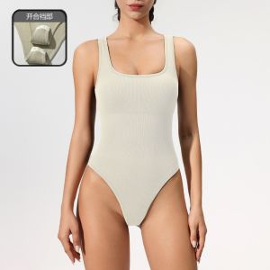 Womens Seamless Yoga Suit Bodysuit Sports Fitness Vest with Shoulder Straps Elastic Waist Shaping Leggings Nylon Material