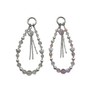 ตกแต่งกระเป๋ามีพู่ผีเสื้อไข่มุกหรูหราอ่อนโซ่พวงกุญแจรถไฮเอนด์สายคล้องโทรศัพท์คริสตัล