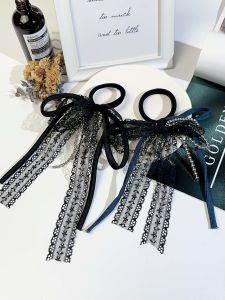 Fashionable Silver Grey Beaded Lace Butterfly Knot Hair Ties Womens Durable Elastic Hair Bands Simple Stylish Hair Accessories