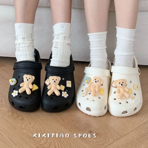 Thin Strip Fun and Cute DIY Hole Shoes Men and Women Casual Outdoor Non-Slip Cartoon Bear Couples Sandals Summer