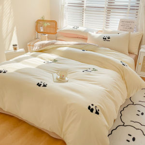 Bedding four-piece set towel embroidered cartoon panda four-piece set washed cotton quilt cover bed sheet four-piece set (bed sheet * 1 quilt cover * 1 pillowcase * 2)