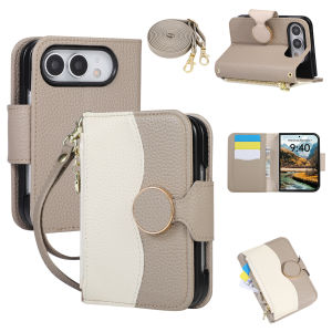 szhaiyu | Lanayard Rope Lychee Leather Wallet Cards Slot Phone Case for IPhone Duo Fold Crossbody Wrist Strap Purse Stand Holder Cover