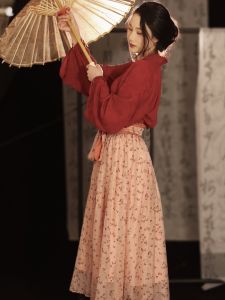 Red Long Sleeve Waist-Cinching Retro Chinese Style Dress Womens Spring Two-Piece Set V-neck High-waisted A-line Skirt