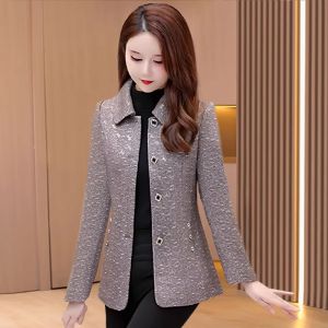 MAIMEI | Ladies Woolen Coat Spring Autumn Casual Style Thickened Polyester Fiber Pure Color Button Up Shirt For Middle-Aged Mothers