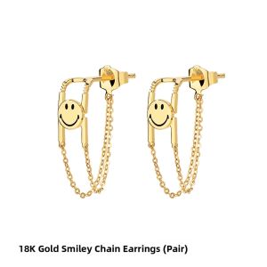 18k Gold Smile Face Dangle Earrings with Tassel