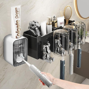 Wall-Mounted Toothbrush Holder Bear Design Bathroom Organizer No-Drill Toothbrush Cup And Mouthwash Cup Rack for Electric Toothbrush