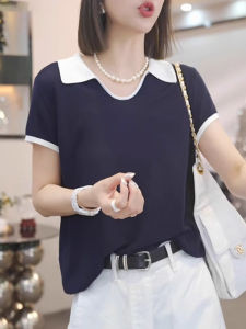 Shalldoer | French Elegant Color Block Collar Thin Short Sleeve T-Shirt Womens Loose Slimming Summer Top Fashionable Versatile Ageless