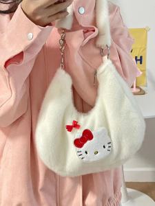 Original Cute Embroidered Plush HelloKitty Single Shoulder Handbag Student Class Bag Cartoon Style Large Size Tote Bag for Casual Use