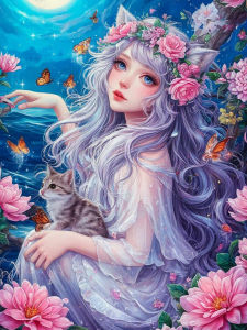 Huacan Full Square Round Drill Diamond Painting Cat Ear Elf Girl Diamond Embroidery Portrait Complete Kit Decorative Paintings