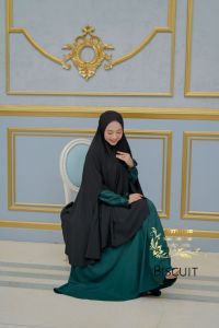 Gamis hermosa embos motif biscuit warna hijau botol-gamis syari busui ijo botol premium umbrella ijo