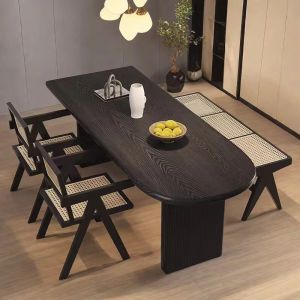 Modern Minimalist Black Solid Wood Dining Table And Chairs Island Kitchen Table in Living Room Home Use White Wax Wood Workbench