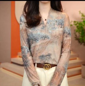 Womens Long Sleeve Mesh Base Shirt Fashionable Printed T-Shirt Inner Wear Top Double Layer Netting Spring Autumn Winter New Style