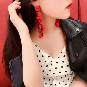 Bohemian Rose Petal Earrings Flower Red Yellow Blue Colors Flower Drop Earrings Long Tassel Earrings Party Wedding Jewelry B