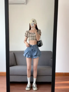 S-6XL Denim Skirt Women’s Denim Half Skirt with Irregular Ruffle and Cake Layer Design