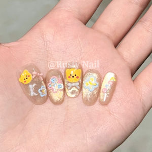 Dopamine Bear Sweet Spicy Cat Eye Handmade Wearable Nail Art Short Butterfly Knot Butterfly Wing Design Nail Stickers