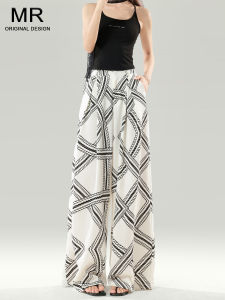 Linen Ice Silk Casual Pants Womens High Waist Loose Slimming Drapey Plaid Wide Leg Pants Summer Thin Style Versatile Simple