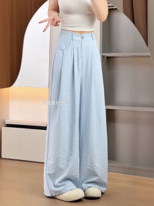 Quần Ống Rộng Cạp Cao Màu Xanh Lam Cho Nữ Mùa Hè 2025 Quần Ống Rộng Dáng Rộng Thoải Mái Phong Cách Công Sở