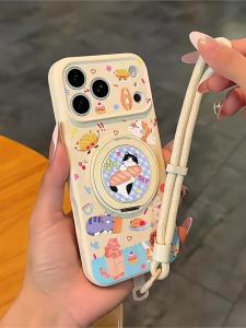 Cat-shaped Pastry Style iPhone Case with Rotating Stand Drop Protection Lanyard Support