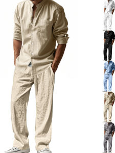 Casual Linen Mens Set Spring Summer Cross-Border Style Long Sleeve Loose Long Pants Shirt Set Skin-friendly Cotton Blend Fabric