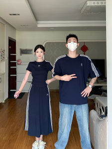 Casual Style Couple Matching Summer New Three Bars Short Sleeve T-Shirt A-Line Mini Skirt Two-Piece Set Korean Loose Fit Pure Color