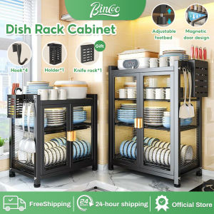 Bincoo 3-Tier Kitchen Dish Rack Cabinet Organizer Metal Dish Cabinet Rack with Drainer Tray Dish Cabinet Countertop Storage Kitchen Storage Cupboard