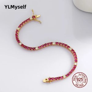Vòng Tay Tennis Nữ 3MM Màu Hồng Fuchsia Đá Ruby Và Zircon Trắng Dài 15-21CM Bạc 925 Trang Sức Cao Cấp