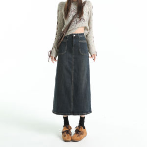 กระโปรงยีนส์ทรงเอเอวสูง ทรงเข้ารูป เดรสยาวปานกลาง ฤดูใบไม้ผลิและฤดูใบไม้ร่วง กระโปรงทรงเอเข้ารูป สำหรับผู้หญิง