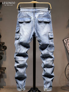 LIANSENNIAO | Quần Jeans Đa Ngăn Phong Cách Retro Mỹ Co Dãn Ống Trực