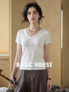 Basic House | White V-neck Summer Lightweight Silky Versatile T-Shirt