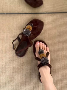FANGXI | Retro Firework Fringe T-Strap Summer Block Heel Roman Sandals