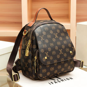 Fashionable Large Capacity Leather Backpack Womens Travel Shoulder Bag Handbag Zipper Closure Geometric Pattern Casual Style