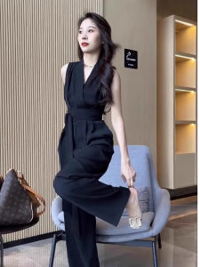 Fashionable High-waisted Tie Wide-leg Jumpsuit Pants