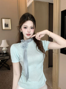 GUZILIAN | French Gentle Style Slim Fit Knitted Shirt Unique Wood Ear Edge Stand Collar Exquisite Small Top Mesh Splicing Pleated Design